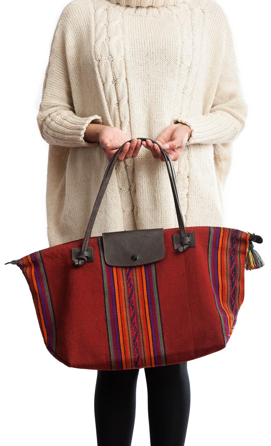 Große, faltbare Tasche aus Lamaleder und Stoff aus den Anden - caserita